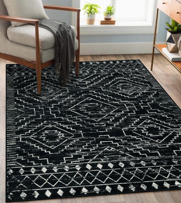 manufacturer direct wonnitar moroccan washable rug 4x6, black boho living room area rug, non-slip farmhouse bedroom carpet dorm room throw rug, low pile soft accent mat for kitchen entry office (black,4'x6') trade price