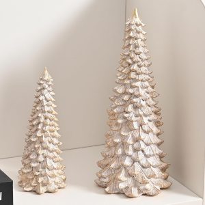 dropship from factory resin christmas tree figurines, 2pcs distressed white with gold table top christmas trees, small christmas tree figurine set, decorative xmas trees for rustic christmas decor mass production supply