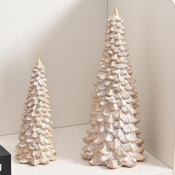 dropship from factory resin christmas tree figurines, 2pcs distressed white with gold table top christmas trees, small christmas tree figurine set, decorative xmas trees for rustic christmas decor mass production supply