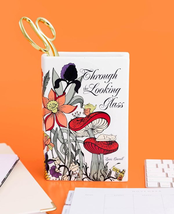 oem/odm services steel mill & co original book-shaped decorative vase, ceramic vases for home decor, cute bookshelf decor, unique vase for book lovers (large - through the looking glass) affordable bulk deals