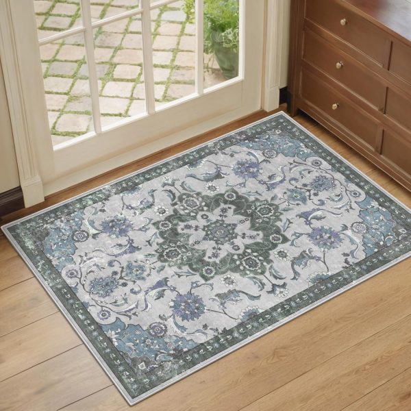 global sourcing door mat 2x3 rug, small boho area rug for living room, machine washable kitchen rugs non-slip, entry mat indoor low pile throw floral rugs grey carpet for bedroom, entryway, hallways oem/odm services