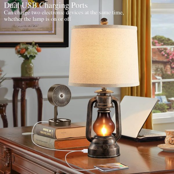 custom wholesale roriano farmhouse lantern table lamps for living room set of 2, vintage bedroom resin lamp with dual usb charging ports, rustic retro bedside nightstand desk lamp, linen fabric shade, 4 bulb included oem/odm services