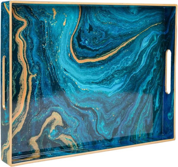 wholesale direct maoname plastic decorative tray, marbling tray with handles, rectangular coffee table tray, serving tray for ottoman, bathroom, 15.7” x 11.8”, blue bulk purchase at factory prices