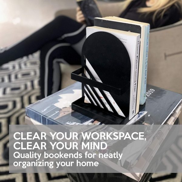 supplier direct iron arch modern and decorative bookends for heavy books, 200% stronger & heavier than the average bookends, large bookends with matching bonus storage cup (carbon black) wholesale prices