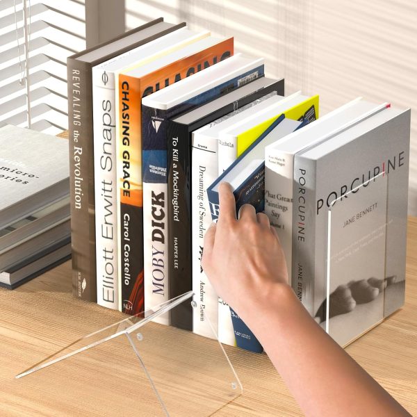 supplier direct acrylic bookends 4 pcs, clear book ends for shelves, transparent bookend organizer, book holder stand decorative, book stoppers for heavy duty books, cd, file, video games wholesale prices