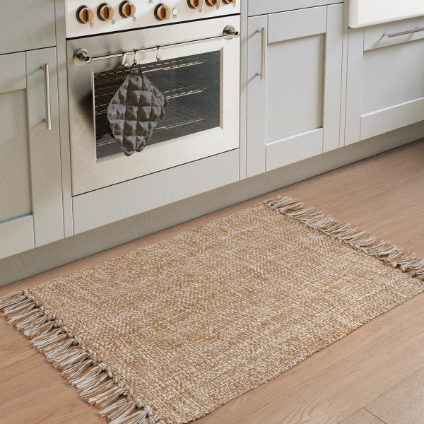 global sourcing collive small bathroom rug, 2' x 3' hand-woven low profile front entryway rug, tan cotton reversible washable kitchen mat modern farmhouse carpet for foyer bedroom back door decor oem/odm services