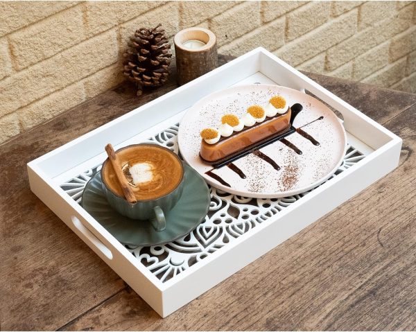 wholesale direct wooden serving tray with handles, white wood couch ottoman tray for living room, decorative tray for coffee table kitchen counter, candle perfume tray displayed for bedroom bathroom,15" x 10" bulk purchase at factory prices