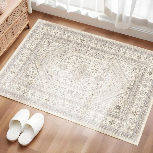 global sourcing washable entryway 2x3 rug: small boho rugs for indoor entrance non slip backing stain resistant carpet low pile throw rugs for bedroom bedside inside front door floor kitchen decor(beige,2x3ft) oem/odm services