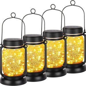custom wholesale mlambert 4 pack solar hanging lantern with stakes, outdoor waterproof solar mason jar fairy string lights decorative vintage glass lamp-warm white oem/odm services
