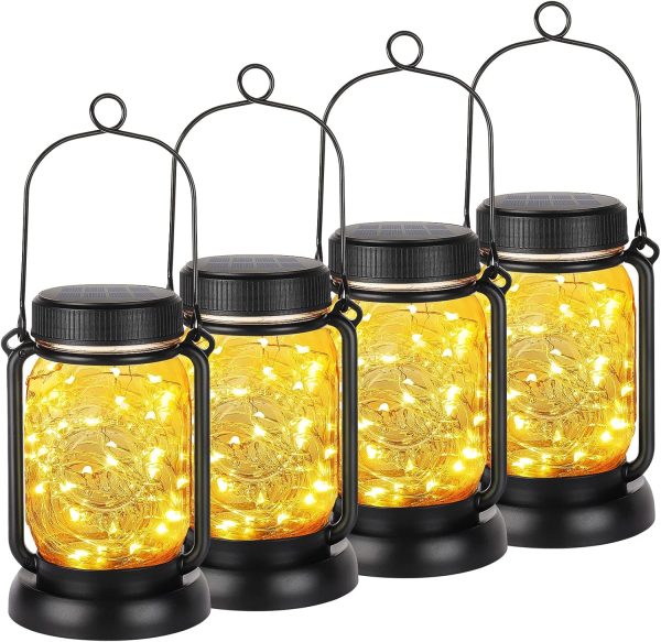 custom wholesale mlambert 4 pack solar hanging lantern with stakes, outdoor waterproof solar mason jar fairy string lights decorative vintage glass lamp-warm white oem/odm services