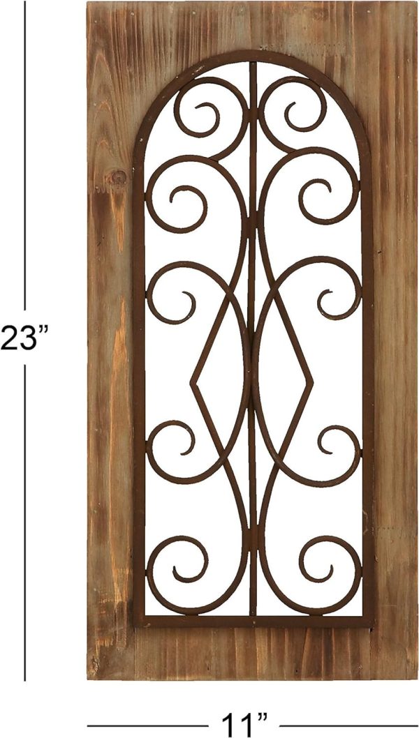 bulk purchase deco 79 wood scroll home wall decor window inspired wall sculpture with metal scrollwork relief, wall art 11" x 2" x 23", brown trade price