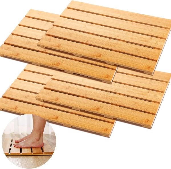 manufacturer direct 4 pcs summer bamboo bath mat sturdy waterproof bamboo shower mat natural wood bath mat wooden bathroom carpet for doorway bathroom kitchen indoor or outdoor spaces use, 21.26 x 14.17 inches trade price