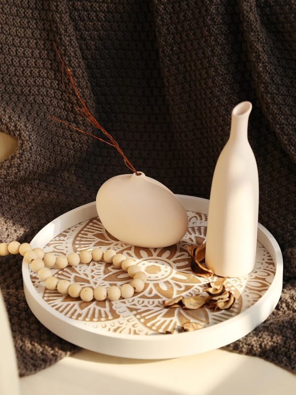wholesale direct hanobe decorative serving tray round: farmhouse coffee table tray for ottoman boho wooden centerpiece rustic white washed mandala home decor living dining room kitchen counter display bulk purchase at factory prices