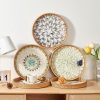 wholesale direct round rattan tray with mother of pearl inlay, rattan serving tray with wooden base, decorative wicker basket for table decor, storage and display of coffee bread food fruit (leaf) bulk purchase at factory prices