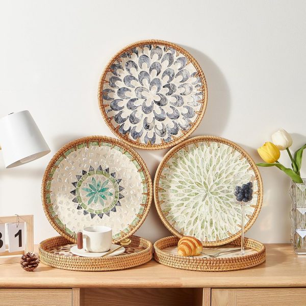 wholesale direct round rattan tray with mother of pearl inlay, rattan serving tray with wooden base, decorative wicker basket for table decor, storage and display of coffee bread food fruit (leaf) bulk purchase at factory prices
