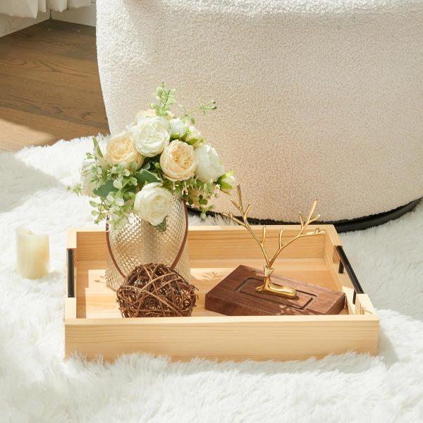 wholesale direct wooden serving tray by tasteful surroundings – ottoman tray - natural wood color with black metal handles - modern decorative trays with metal handles – coffee table tray for living room & bedroom bulk purchase at factory prices