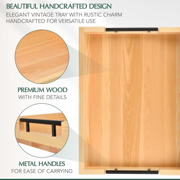wholesale direct wooden serving tray by tasteful surroundings – ottoman tray - natural wood color with black metal handles - modern decorative trays with metal handles – coffee table tray for living room & bedroom bulk purchase at factory prices