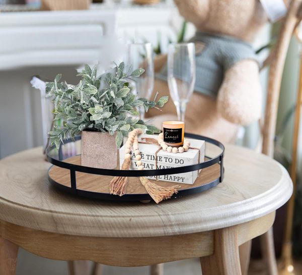 wholesale direct defined deco 12in decorative tray-round serving tray with metal handle-decorative trays for home decor,living room decor,coffee table decor,rustic wooden tray for kitchen table decor,dining table. bulk purchase at factory prices