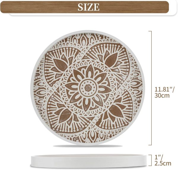 wholesale direct hanobe decorative serving tray round: farmhouse coffee table tray for ottoman boho wooden centerpiece rustic white washed mandala home decor living dining room kitchen counter display bulk purchase at factory prices