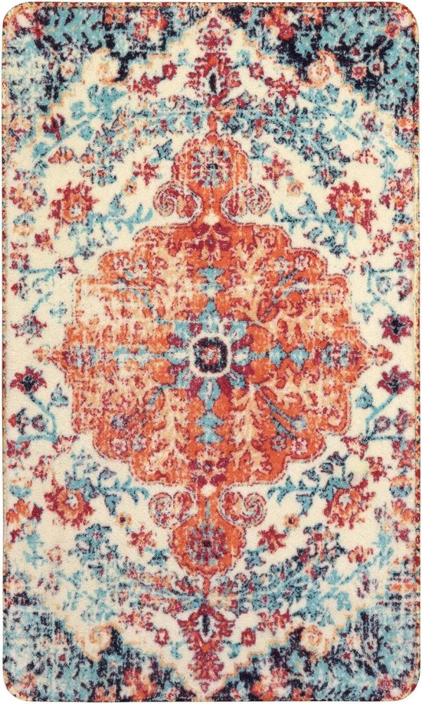 global sourcing lahome bohemian floral medallion area rug - 2x3 oriental distressed small bath rug country vintage doormat faux wool non-slip washable low-pile carpet for bathroom kitchen laundry room decor oem/odm services