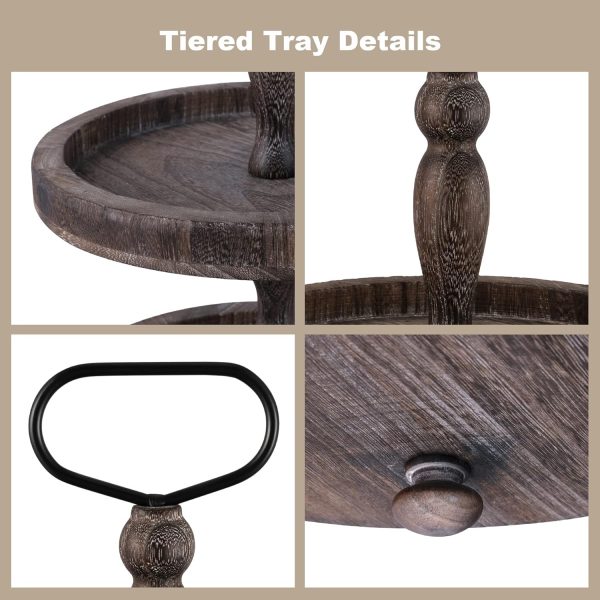 wholesale direct mustry rustic wooden 2 tiered tray, round farmhouse kitchen table decor serving tier tray, food fruits cupcake display coffee bar home party seasonal decorations (brown) bulk purchase at factory prices