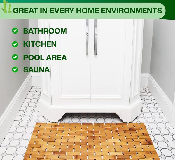 manufacturer direct zpirates natural bamboo wood bath mat - large, [34x18 inches lxw] foldable bathmat, accessories and decor for bathroom, sauna, spa, tub, or door area - multi-purpose home essentials trade price