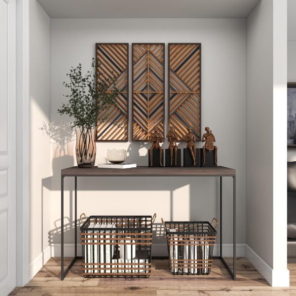 bulk purchase deco 79 wood geometric home wall decor slatted wood design wall sculpture, set of 3 wall art 12"w, 35"h, brown trade price