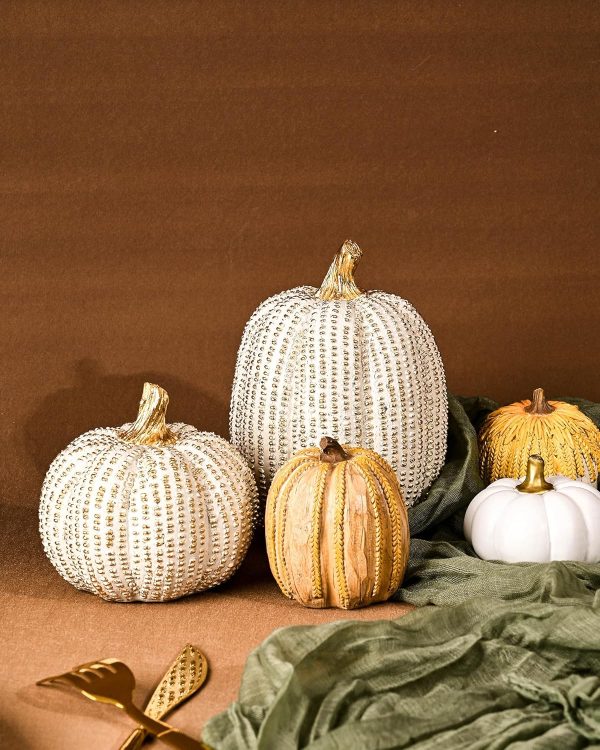 dropship from factory fall thanksgiving pumpkin decor figurine clearance, 2 pcs fake pumpkin statues for helloweentabletop decorating, white and gold resin pumpkins for autumn harvest home decor, farmhouse, gift package mass production supply
