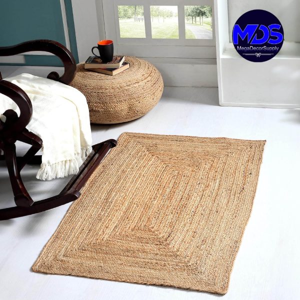 manufacturer direct mds hand woven jute area rug 2x4 feet - natural burlap braided reversible rectangular rugs for thanksgiving halloween christmas living room home entryway decor rustic farmhouse (2'x4') trade price