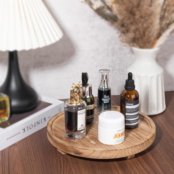 wholesale direct round decorative tray wood bathroom counter organizer farmhouse kitchen decor wooden riser for soap dish, perfume, candle, sponge, 10" - brown bulk purchase at factory prices
