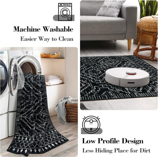 manufacturer direct wonnitar moroccan washable rug 4x6, black boho living room area rug, non-slip farmhouse bedroom carpet dorm room throw rug, low pile soft accent mat for kitchen entry office (black,4'x6') trade price
