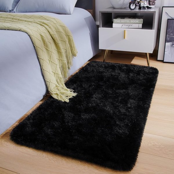 global sourcing amearea shag fluffy small rug, 2x4 feet throw rugs for bedroom girls living room, extra soft and fuzzy shaggy carpet, non slip, solid color nursery home floor decor carpets, black oem/odm services