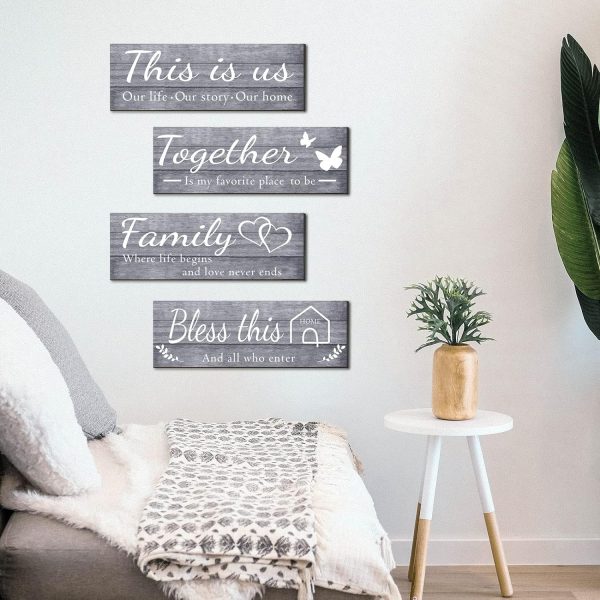 bulk purchase joyhawk 4 pieces wall decor signs, this is us, together, bless this home, family rustic wooden farmhouse wall art décor for living room bedroom kitchen, , 4.7 x 13.8 inch(grey) trade price