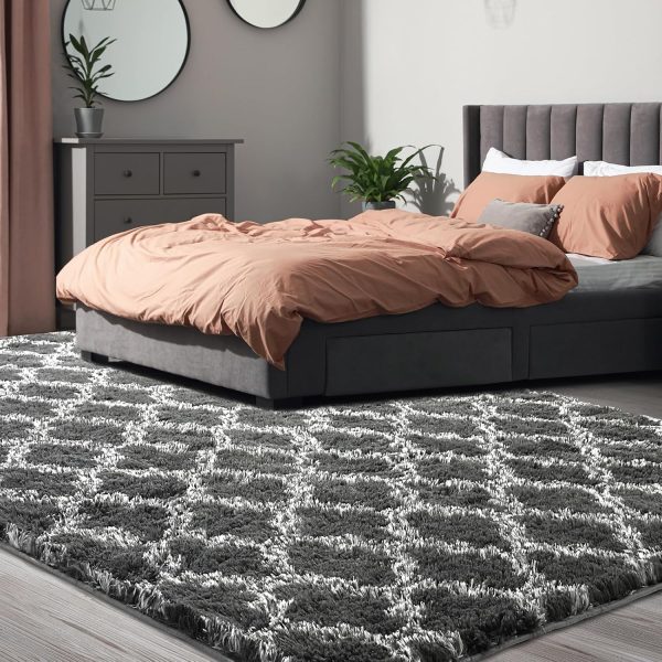 global sourcing plush area rug 4x6 feet high pile rugs for living room, ultra soft indoor carpet for bedroom, playroom, playroom, home decor, geometric, dark grey/white oem/odm services