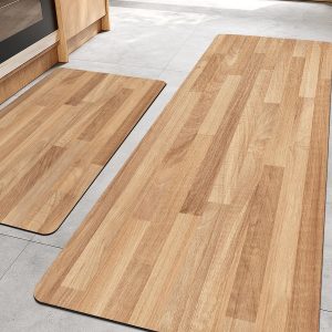 manufacturer direct lumi 2pcs ultra-thin wood grain kitchen mat set, low profile, non slip, quick dry, washable kitchen rugs, teak, 17"x31.5" + 17"x60" trade price