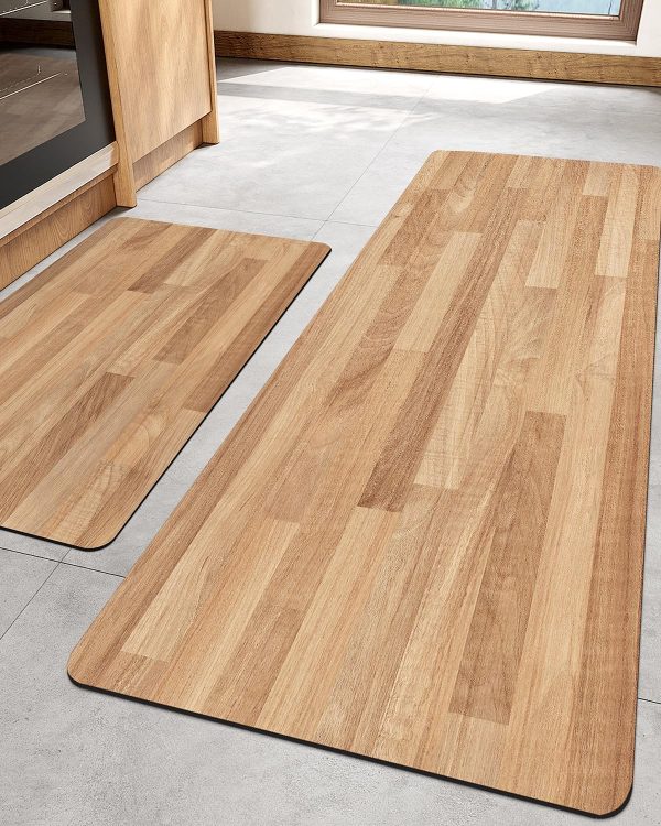 manufacturer direct lumi 2pcs ultra-thin wood grain kitchen mat set, low profile, non slip, quick dry, washable kitchen rugs, teak, 17"x31.5" + 17"x60" trade price