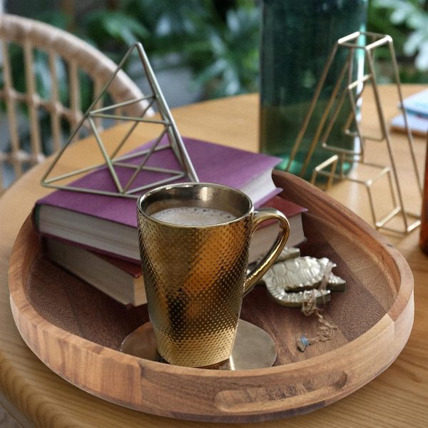 wholesale direct acacia wood serving tray with handles - 17"x13" round, decorative ottoman tray for living room, coffee table, breakfast in bed, candle display bulk purchase at factory prices