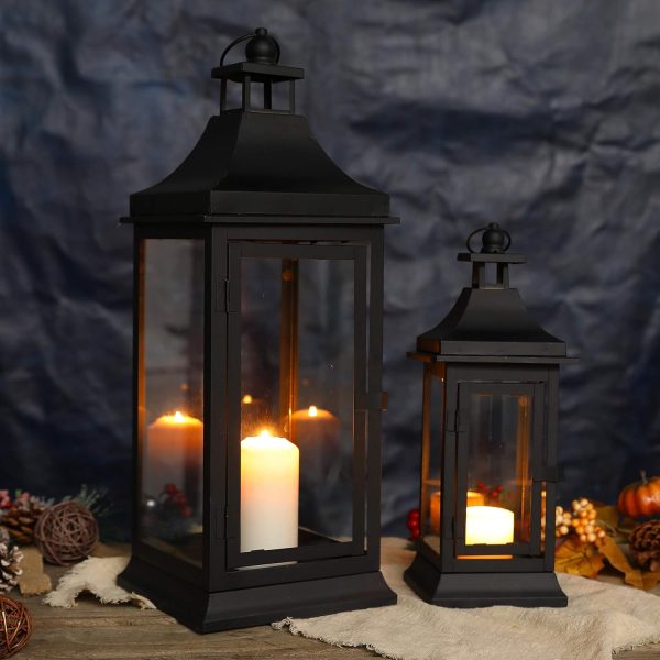 custom wholesale jhy design set of 2 13''&19.5''tall outdoor candle lanterns vintage hanging tower lantern metal candle holder for garden living room indoor outdoor parties weddings balcony(black) oem/odm services