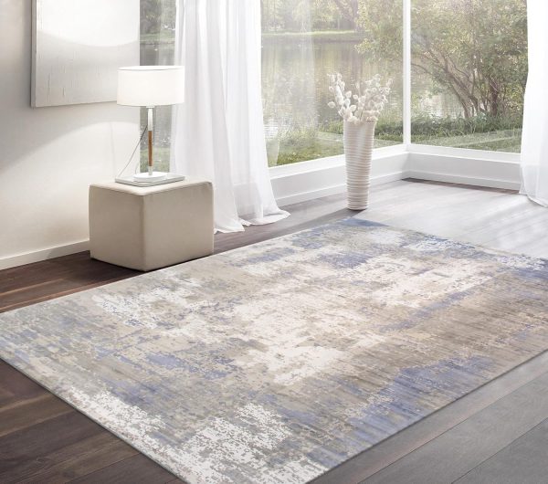 manufacturer direct pasargad home mirage bamboo silk abstract area rug - hand-loomed grey/blue rugs for living room, bedroom, home, 5' 0" x 8' 0" trade price