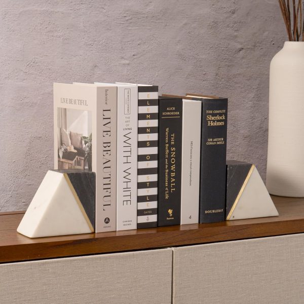 supplier direct cork & mill marble book ends for shelves, decorative bookends for heavy books, unique mid century modern gray and white bookends with brass inlay, heavy duty bookshelf stopper, set of 2 wholesale prices
