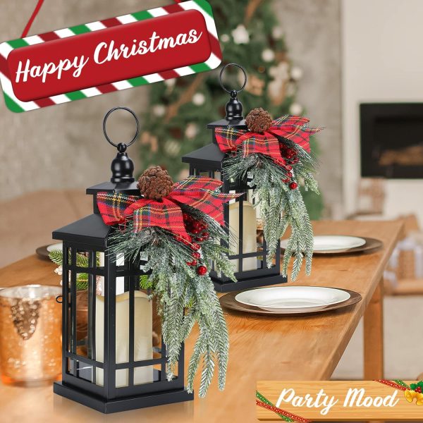 custom wholesale 2 pcs christmas decorative lanterns black metal christmas party hanging candle lantern vintage flameless decorative lanterns with led lights for indoor outdoor christmas home table porch party decor oem/odm services
