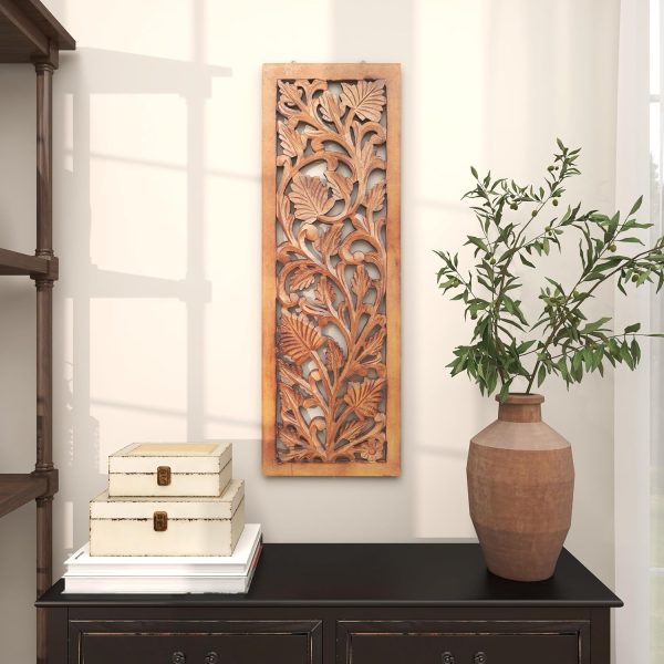 bulk purchase deco 79 wooden floral handmade home wall decor intricately carved acanthus wall sculpture, wall art 12" x 1" x 36", brown trade price