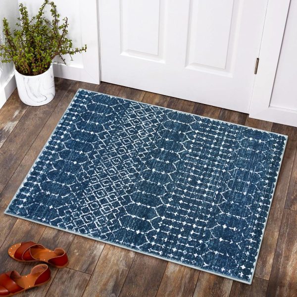 global sourcing lahome moroccan indoor rugs for entryway - 2x3 area rug non-slip backing washable inside door mats low-profile throw soft rugs for bathroom, geometric print distressed blue rug for kitchen bedside oem/odm services