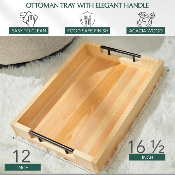 wholesale direct wooden serving tray by tasteful surroundings – ottoman tray - natural wood color with black metal handles - modern decorative trays with metal handles – coffee table tray for living room & bedroom bulk purchase at factory prices