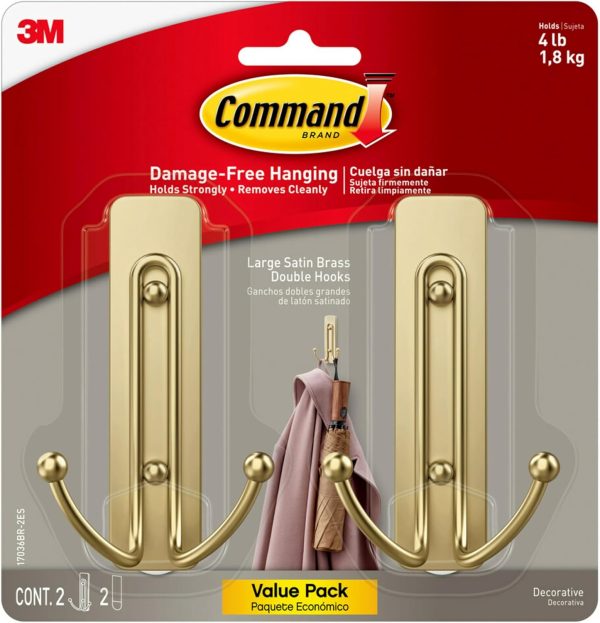 competitive pricing command large satin brass double hooks, 2 hooks and 2 command strips, damage free hanging wall hooks with adhesive strips, coat hooks for hanging christmas decorations, holds up to 4 lb one-stop wholesale