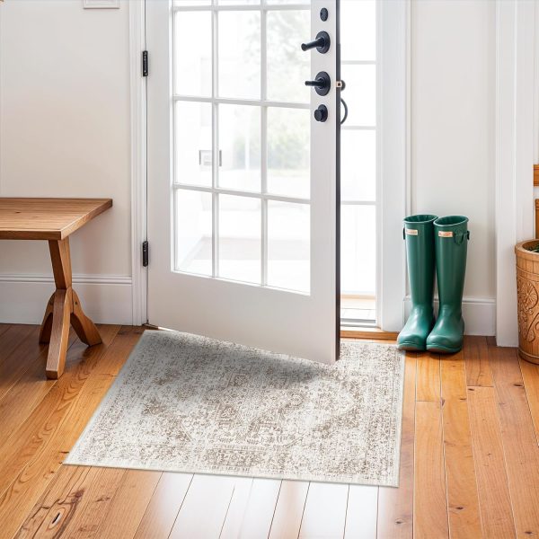 global sourcing washable 2x3 entryway mat - small indoor area rug for entrance with vintage non-slip low-pile traditional medallion indoor rug with stain resistant accent distressed carpet thin rug (bridge) oem/odm services