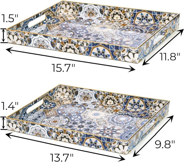 wholesale direct hiceeden set of 2 decorative serving trays with handles, boho tea trays ottoman trays for serving, modern plastic coffee table tray for living room, kitchen, bathroom, rectangle, blue bulk purchase at factory prices