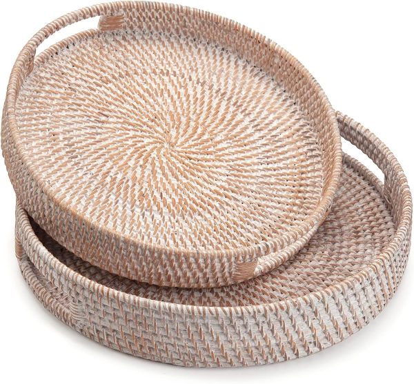 wholesale direct coffee table tray round rattan ottoman tray woven serving trays with handles for home and kitchen decorative white (large 14 inch x 2.8 inch) bulk purchase at factory prices