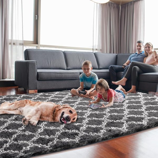 global sourcing plush area rug 4x6 feet high pile rugs for living room, ultra soft indoor carpet for bedroom, playroom, playroom, home decor, geometric, dark grey/white oem/odm services
