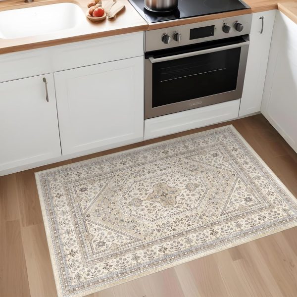global sourcing washable entryway 2x3 rug: small boho rugs for indoor entrance non slip backing stain resistant carpet low pile throw rugs for bedroom bedside inside front door floor kitchen decor(beige,2x3ft) oem/odm services